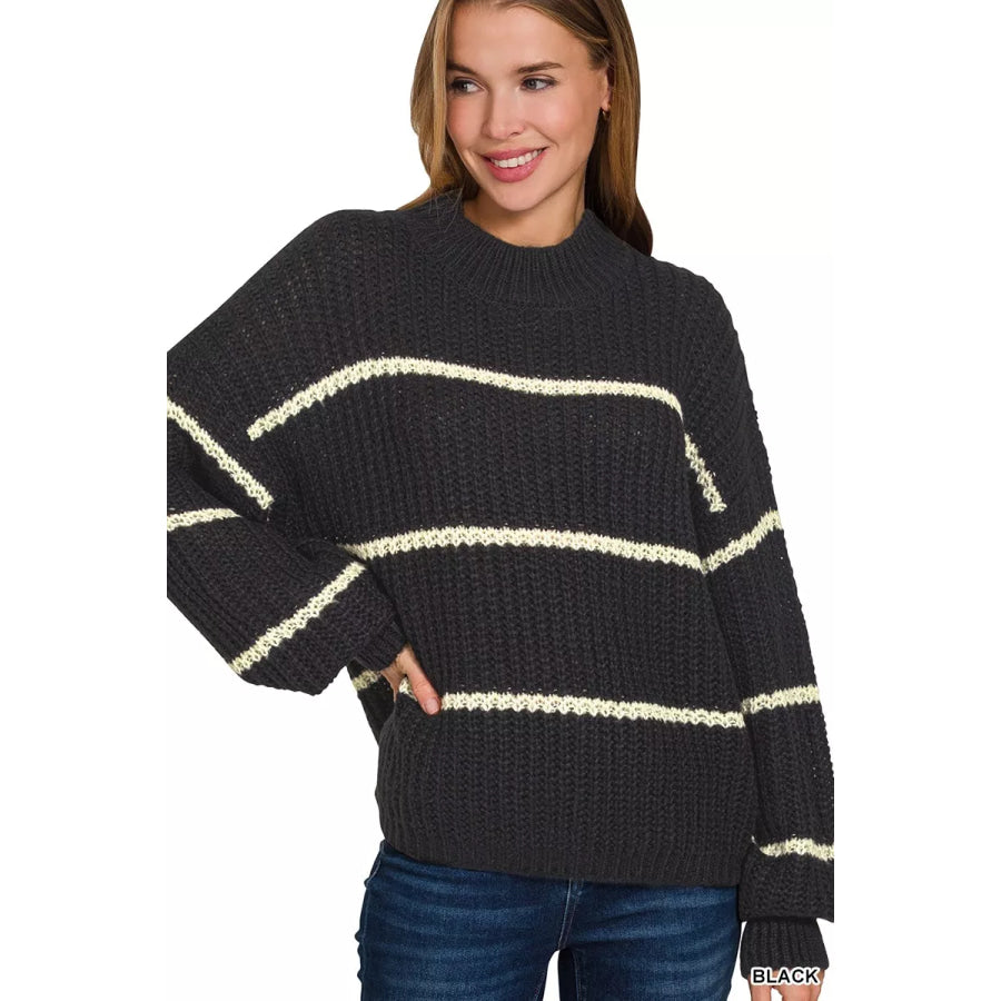 Zenana Oversize Striped Sweater BLACK / S Apparel and Accessories