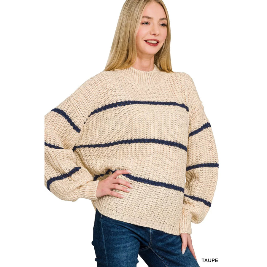 Zenana Oversize Striped Sweater TAUPE / S Apparel and Accessories