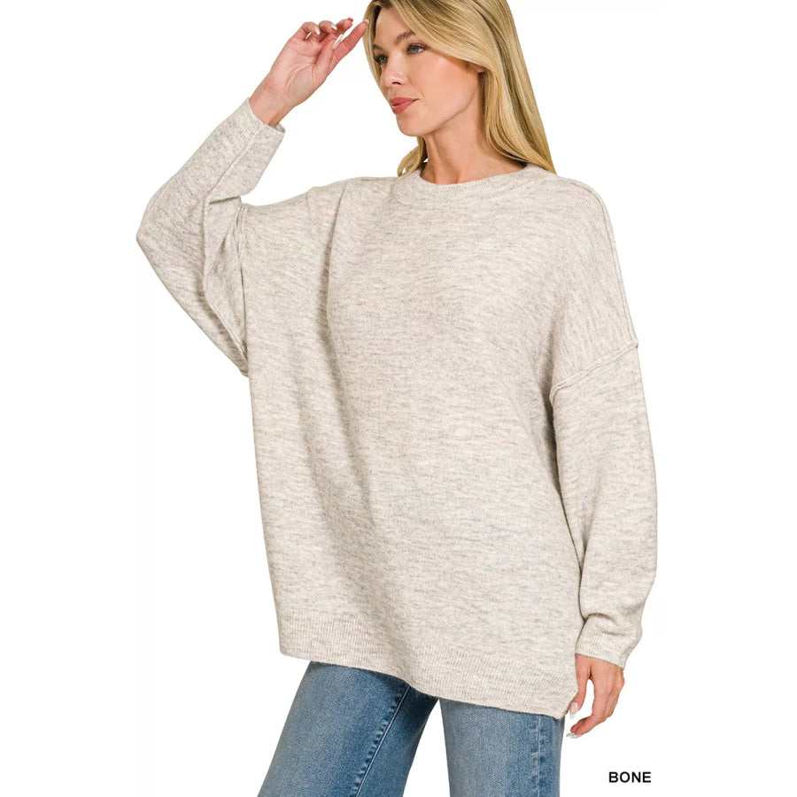 Zenana Oversized Round Neck Exposed Seam Melange Sweater BONE / S/M Apparel and Accessories