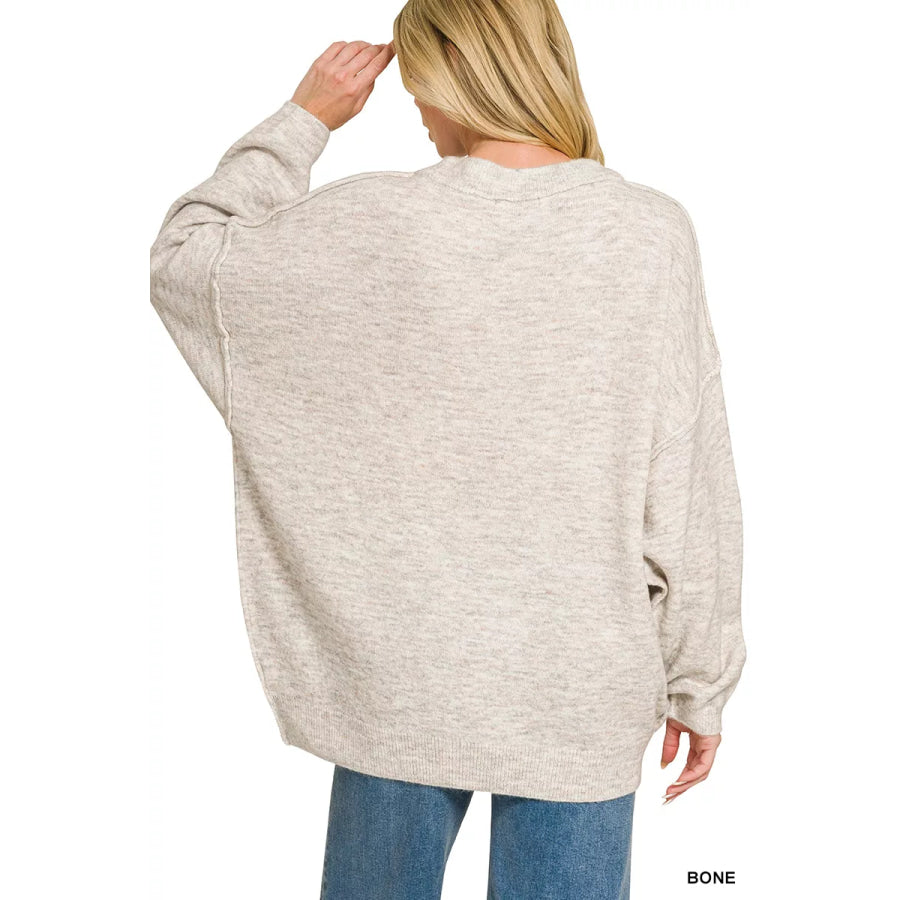 Zenana Oversized Round Neck Exposed Seam Melange Sweater Apparel and Accessories