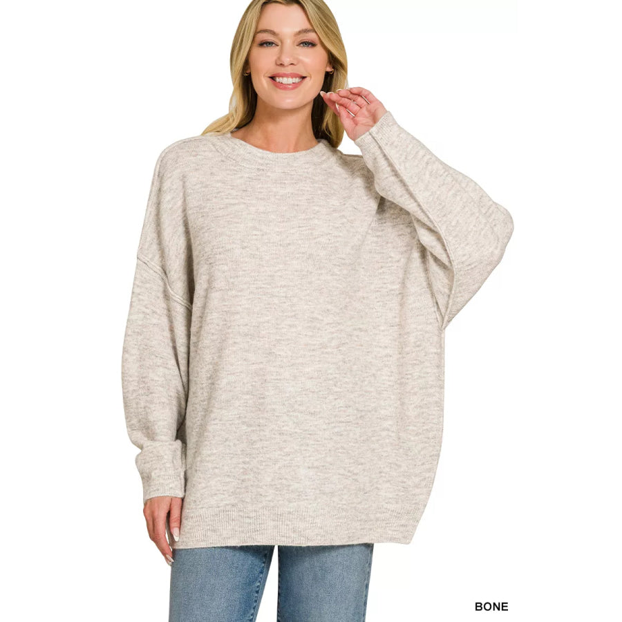 Zenana Oversized Round Neck Exposed Seam Melange Sweater BONE / S/M Apparel and Accessories
