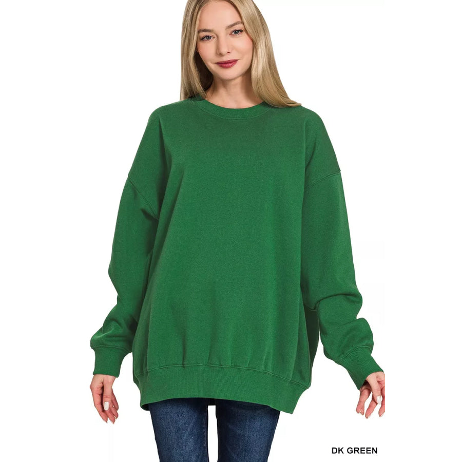 Zenana Oversized Round Neck Fleece Tunic Sweatshirt DK GREEN / S/M Apparel and Accessories