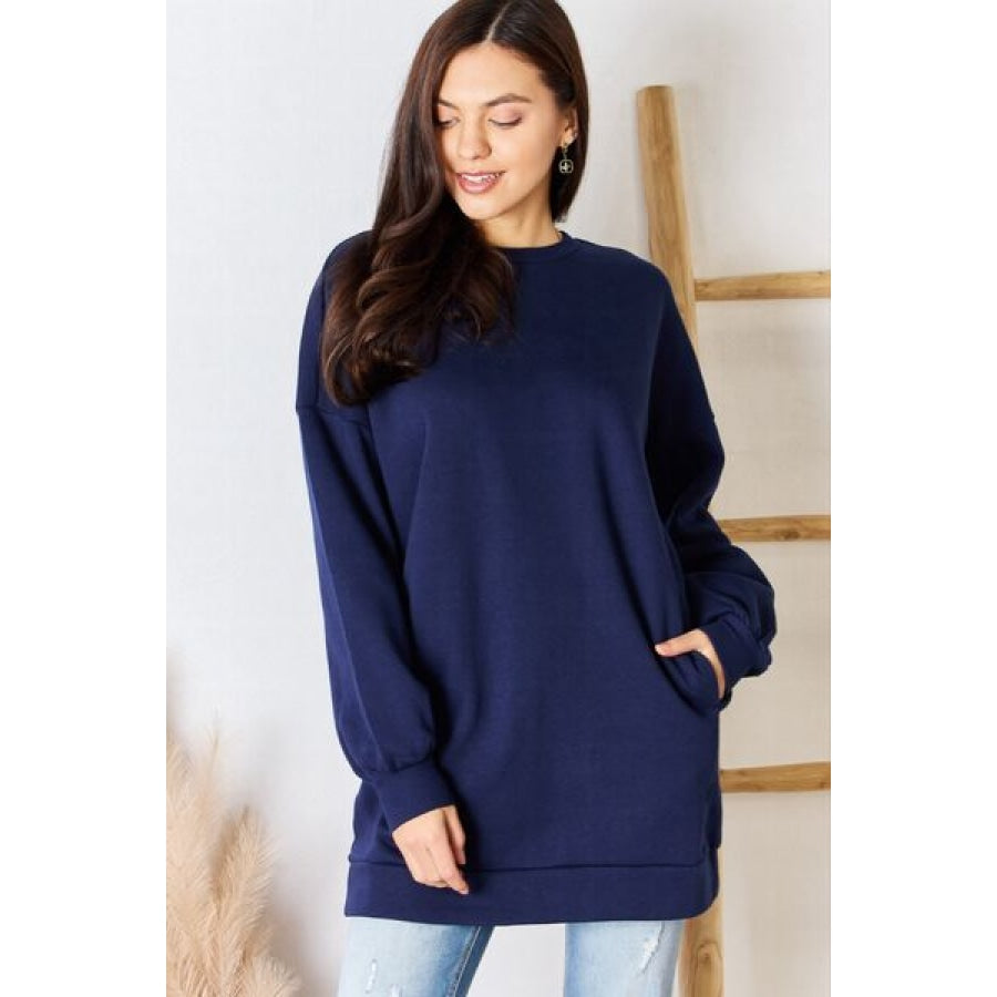 Zenana Oversized Round Neck Long Sleeve Sweatshirt Navy / S Apparel and Accessories