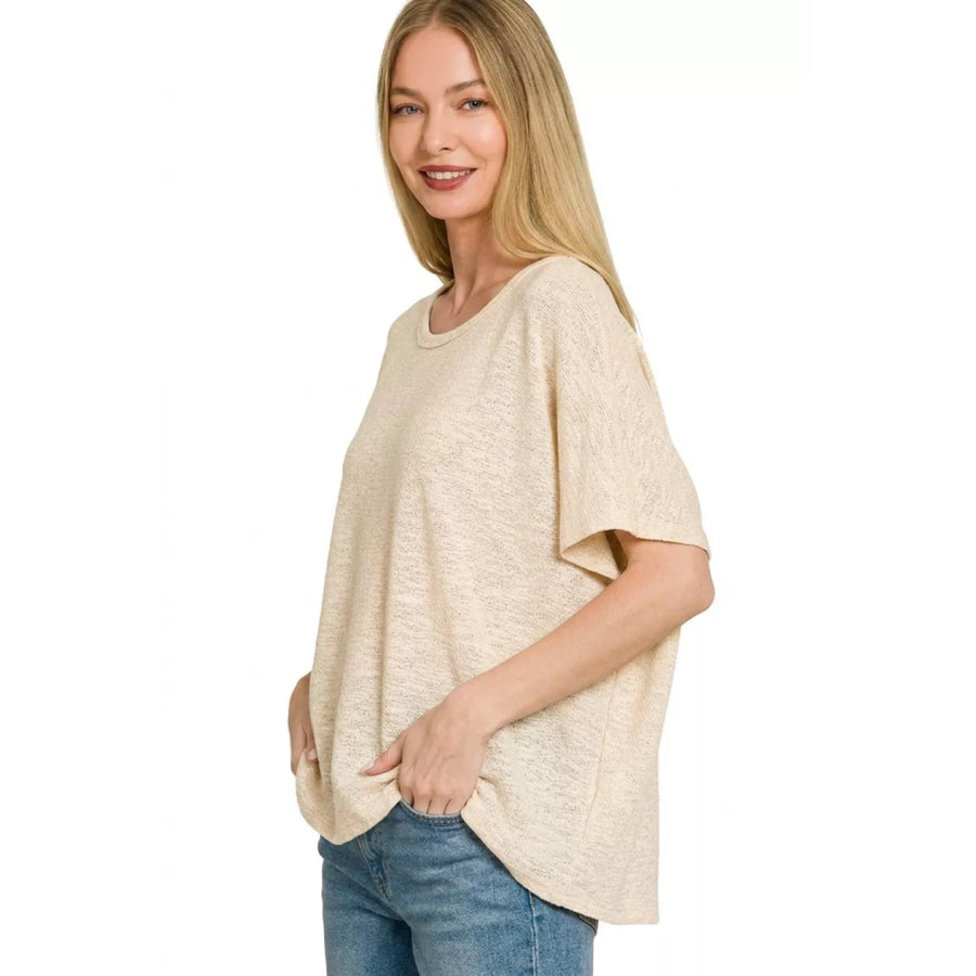 Zenana Oversized Slub Hacci Top SAND BEIGE / S/M Apparel and Accessories