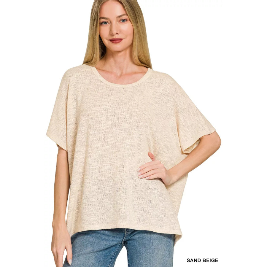 Zenana Oversized Slub Hacci Top SAND BEIGE / S/M Apparel and Accessories