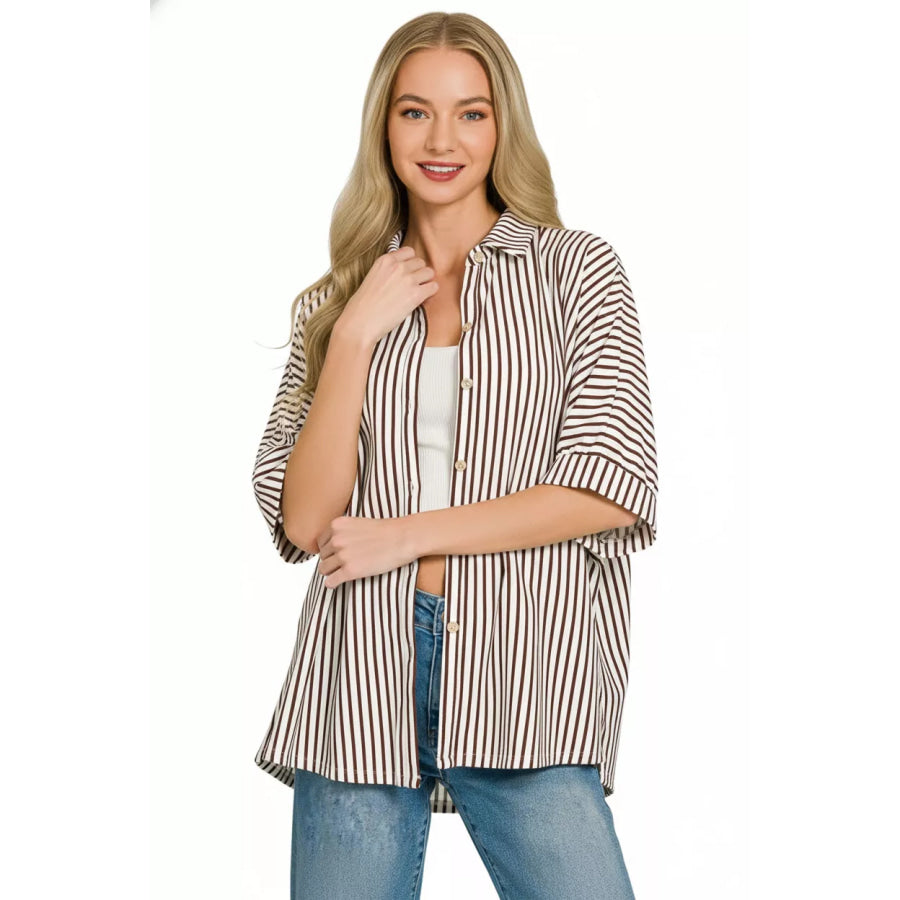 Zenana Oversized Stripe Button Down Shirt Apparel and Accessories