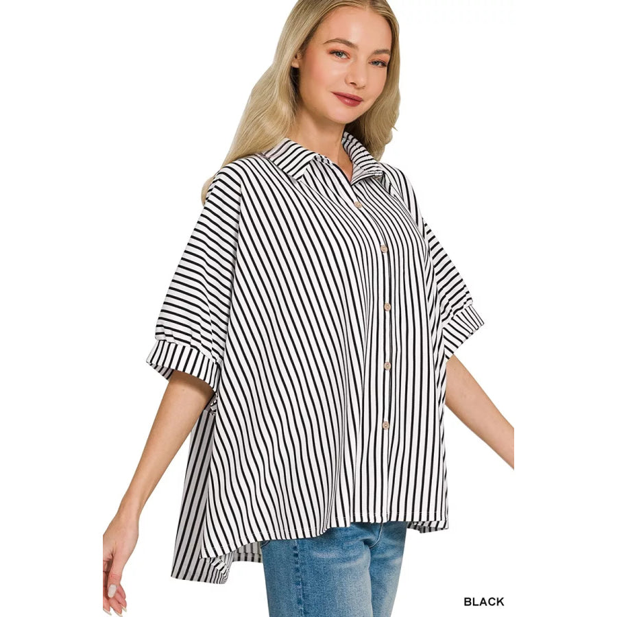 Zenana Oversized Stripe Button Down Shirt BLACK / S/M Apparel and Accessories