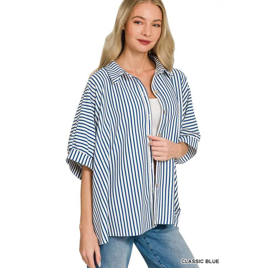 Zenana Oversized Stripe Button Down Shirt CLASSIC BLUE / S/M Apparel and Accessories
