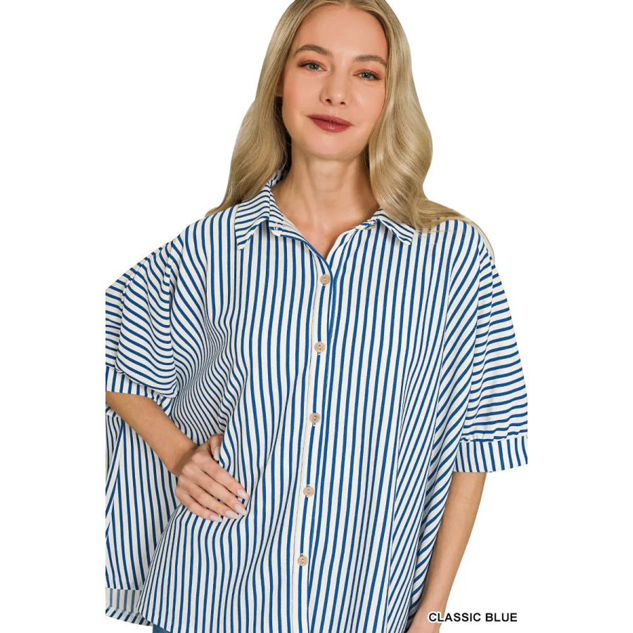 Zenana Oversized Stripe Button Down Shirt Apparel and Accessories