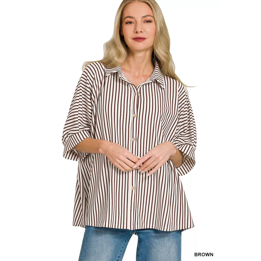 Zenana Oversized Stripe Button Down Shirt Apparel and Accessories