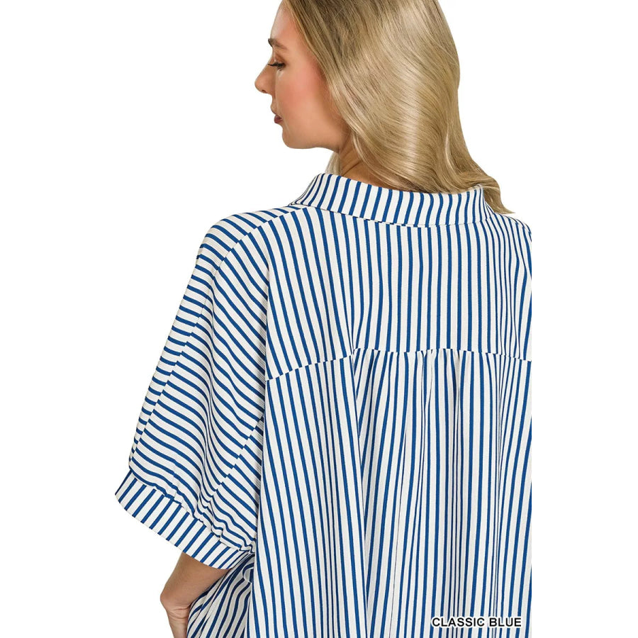 Zenana Oversized Stripe Button Down Shirt Apparel and Accessories