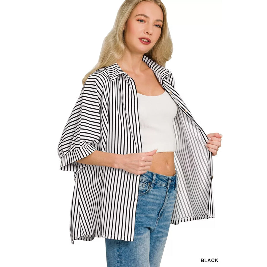 Zenana Oversized Stripe Button Down Shirt Apparel and Accessories