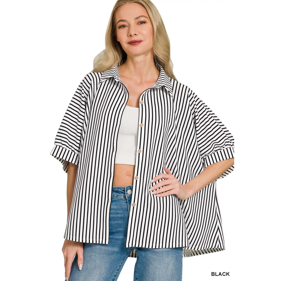 Zenana Oversized Stripe Button Down Shirt BLACK / S/M Apparel and Accessories