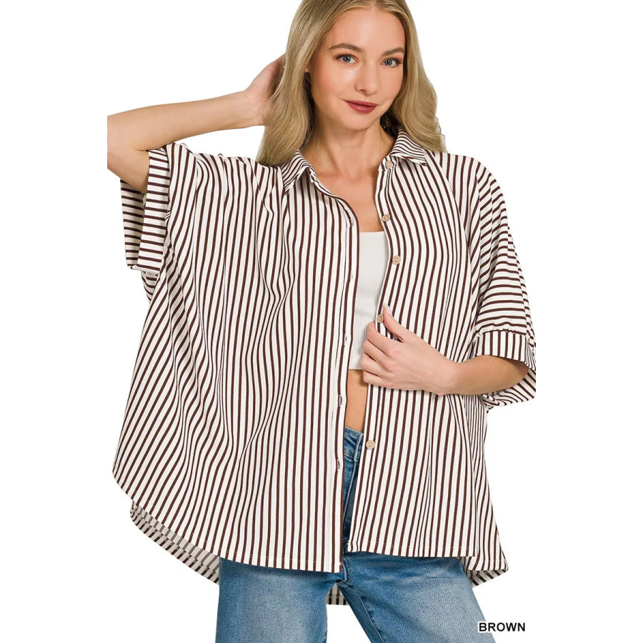 Zenana Oversized Stripe Button Down Shirt BROWN / S/M Apparel and Accessories