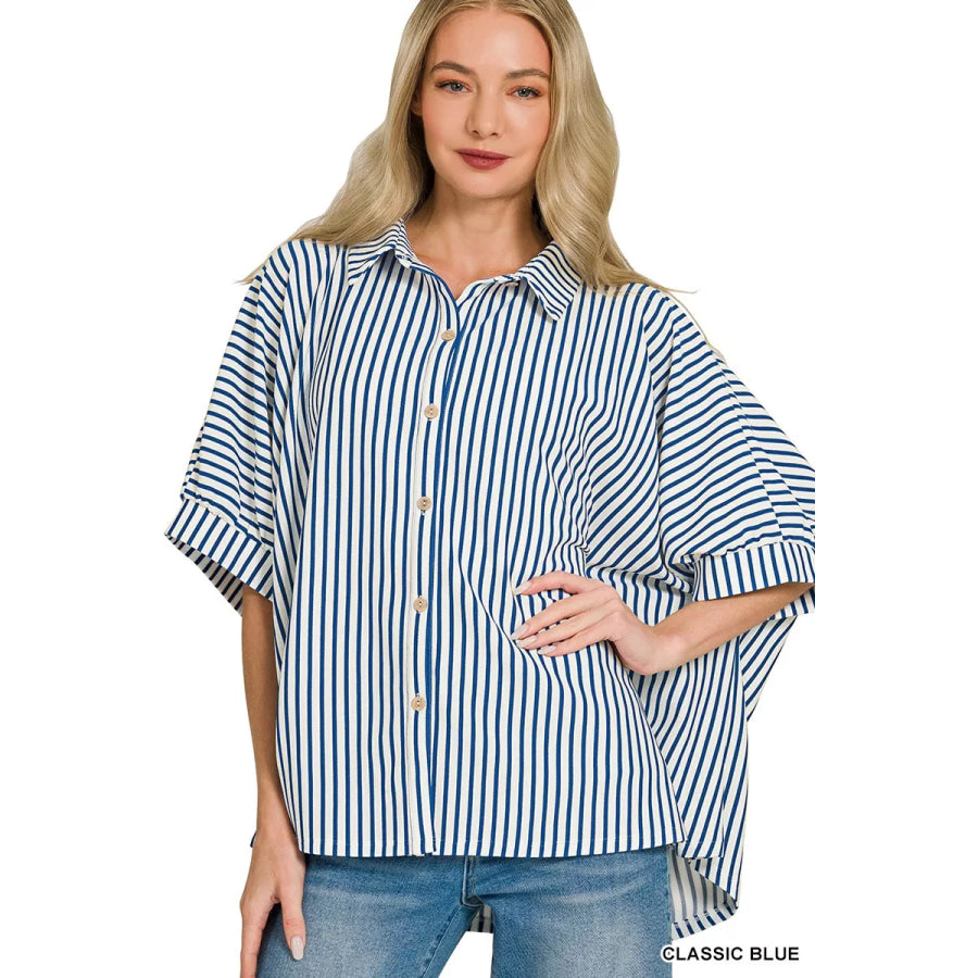 Zenana Oversized Stripe Button Down Shirt CLASSIC BLUE / S/M Apparel and Accessories