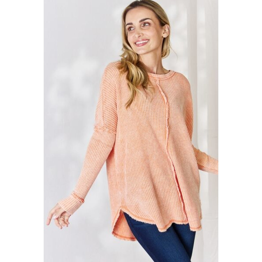 Zenana Oversized Washed Waffle Long Sleeve Top Clothing