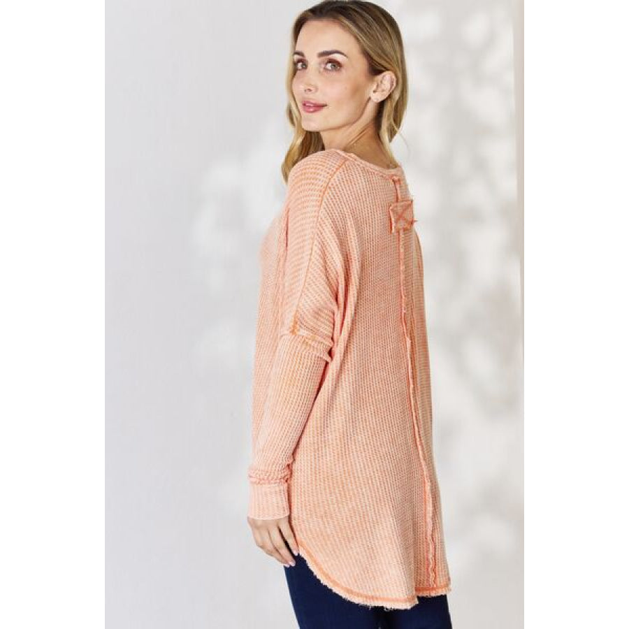 Zenana Oversized Washed Waffle Long Sleeve Top Light Orange / S/M Clothing