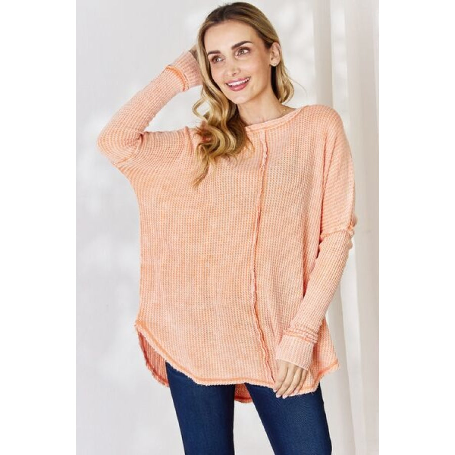 Zenana Oversized Washed Waffle Long Sleeve Top Light Orange / S/M Clothing