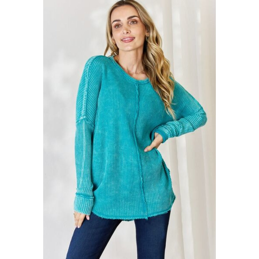 Zenana Oversized Washed Waffle Long Sleeve Top Light Teal / S/M Clothing