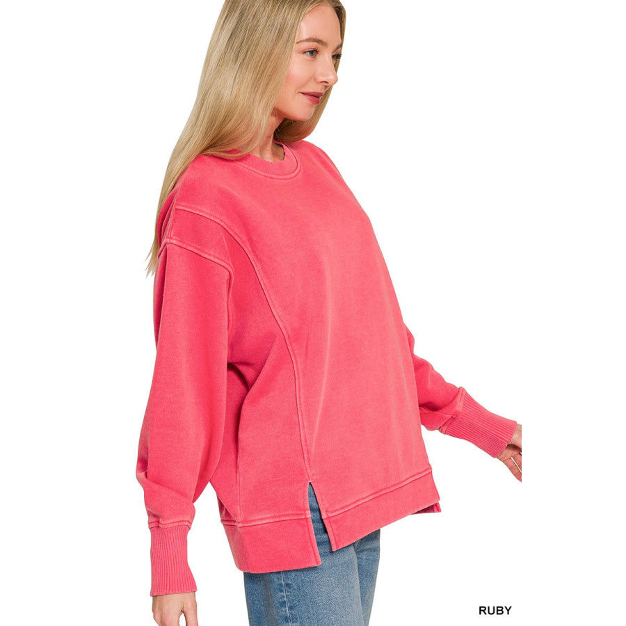 Zenana Pigment Dye Exposed-seam Fleece Sweatshirt Apparel and Accessories
