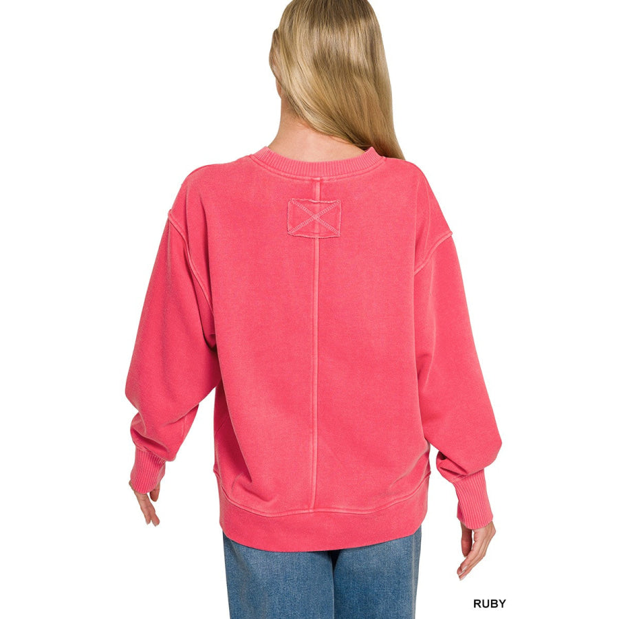 Zenana Pigment Dye Exposed-seam Fleece Sweatshirt Apparel and Accessories