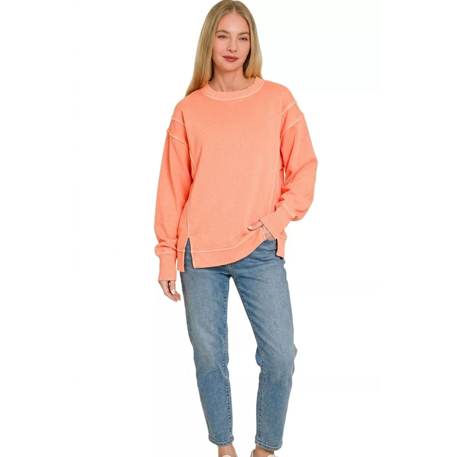 Zenana Pigment Dye Exposed-seam Fleece Sweatshirt Apparel and Accessories