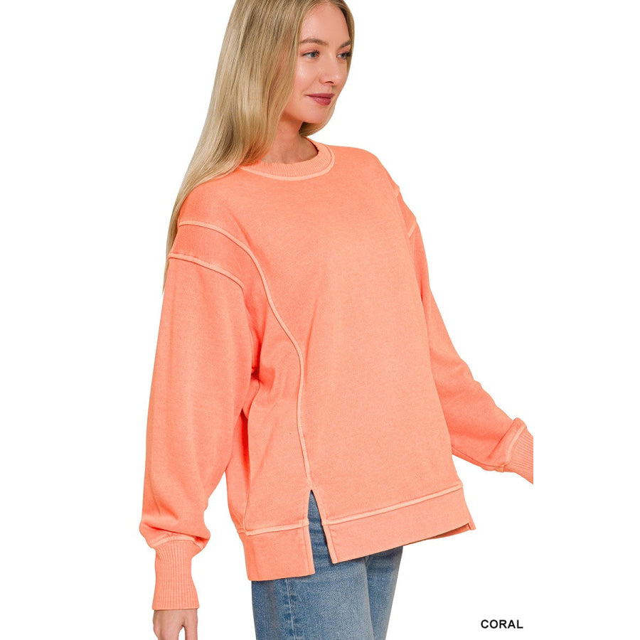 Zenana Pigment Dye Exposed-seam Fleece Sweatshirt CORAL / S Apparel and Accessories