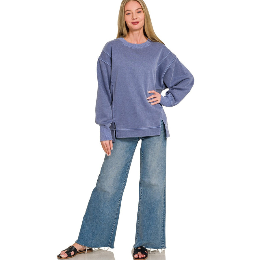 Zenana Pigment Dye Exposed-seam Fleece Sweatshirt Apparel and Accessories