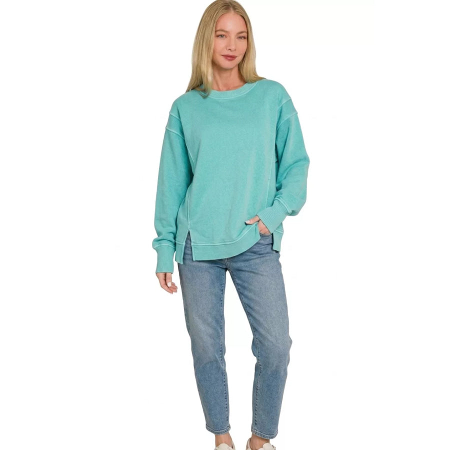 Zenana Pigment Dye Exposed-seam Fleece Sweatshirt TURQUOISE / S Apparel and Accessories