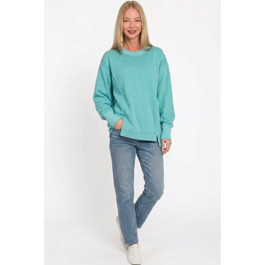 Zenana Pigment Dye Exposed-seam Fleece Sweatshirt Apparel and Accessories