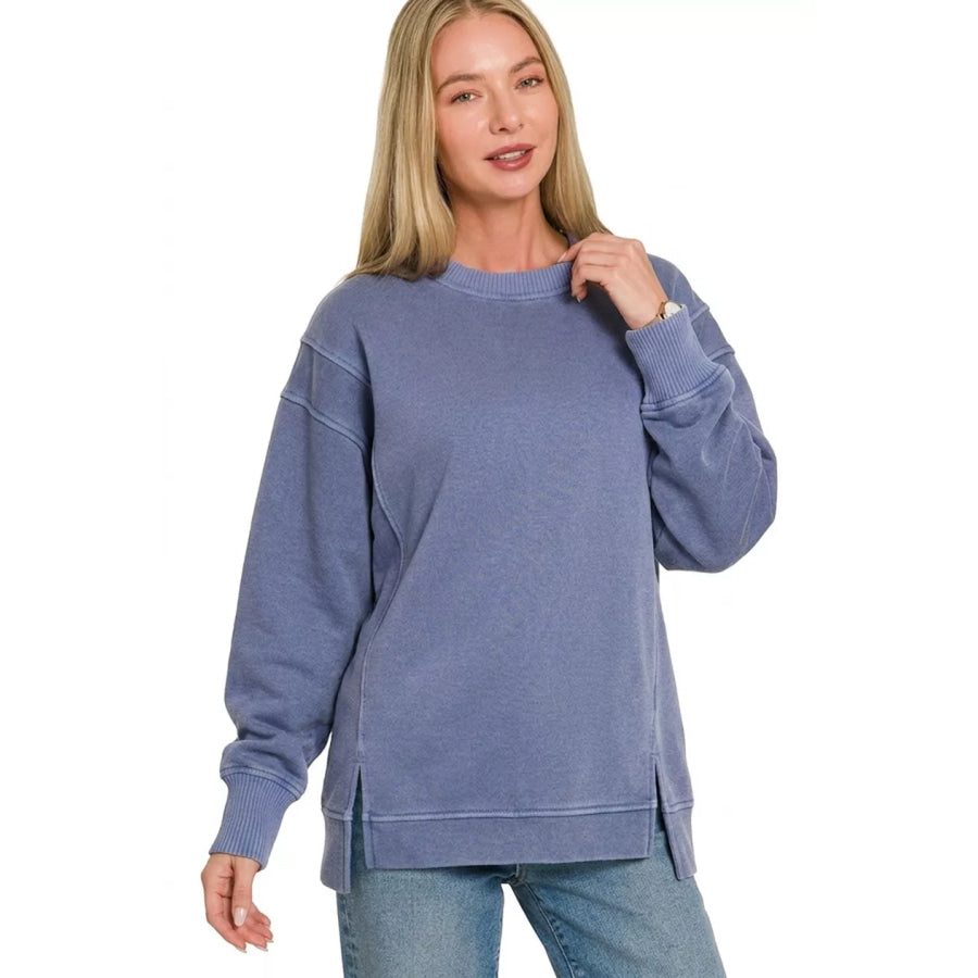 Zenana Pigment Dye Exposed-seam Fleece Sweatshirt LT NAVY / S Apparel and Accessories