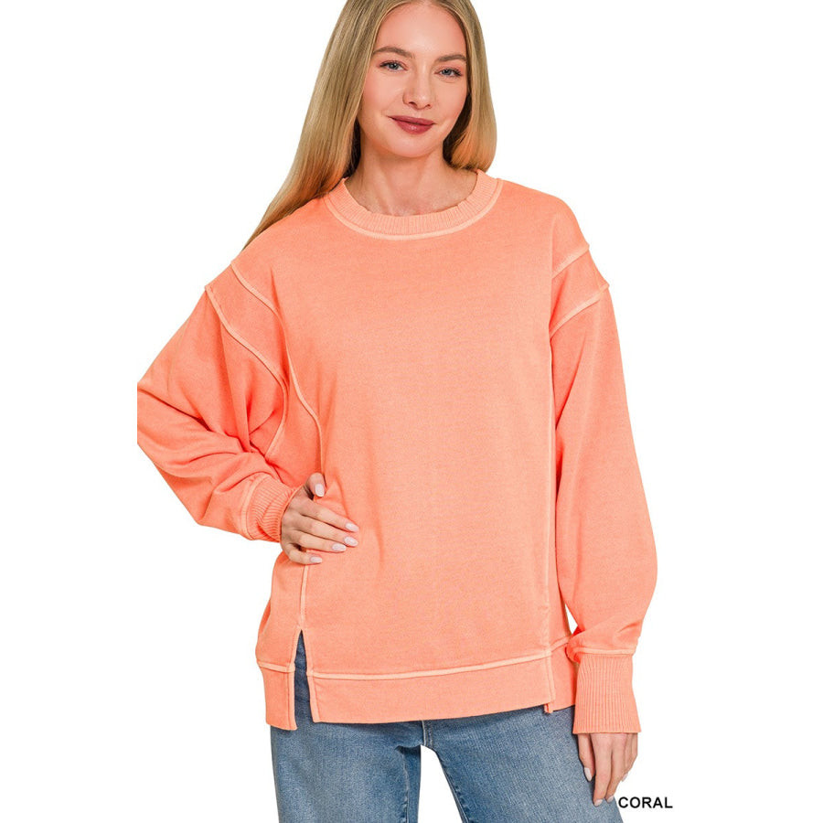 Zenana Pigment Dye Exposed-seam Fleece Sweatshirt CORAL / S Apparel and Accessories