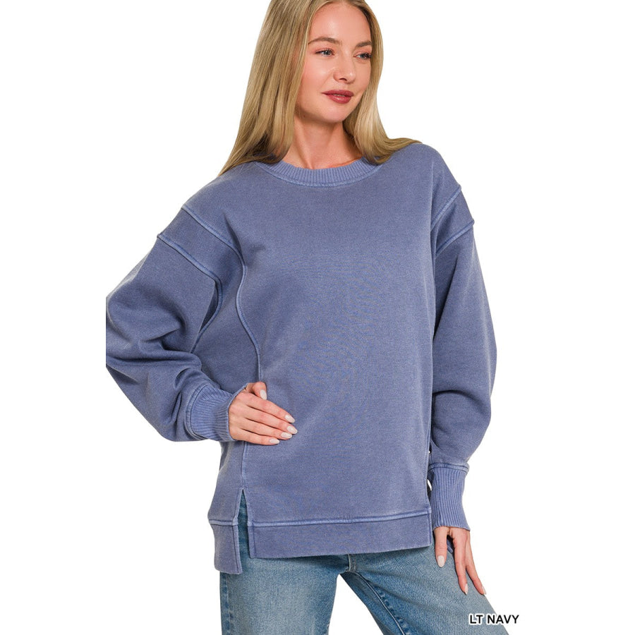 Zenana Pigment Dye Exposed-seam Fleece Sweatshirt LT NAVY / S Apparel and Accessories
