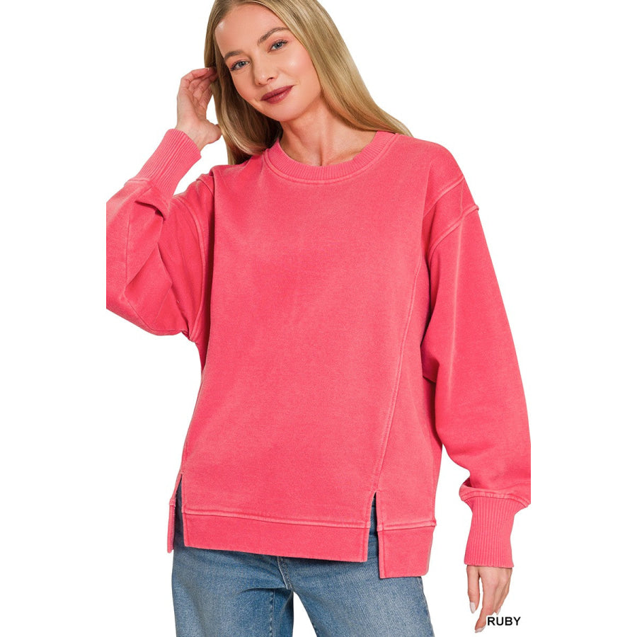 Zenana Pigment Dye Exposed-seam Fleece Sweatshirt RUBY / S Apparel and Accessories