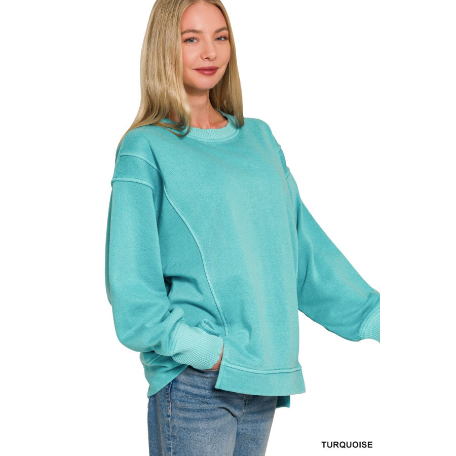 Zenana Pigment Dye Exposed-seam Fleece Sweatshirt TURQUOISE / S Apparel and Accessories