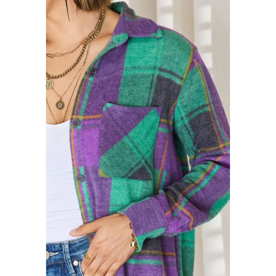 Zenana Plaid Button Up Long Sleeve Shacket Apparel and Accessories