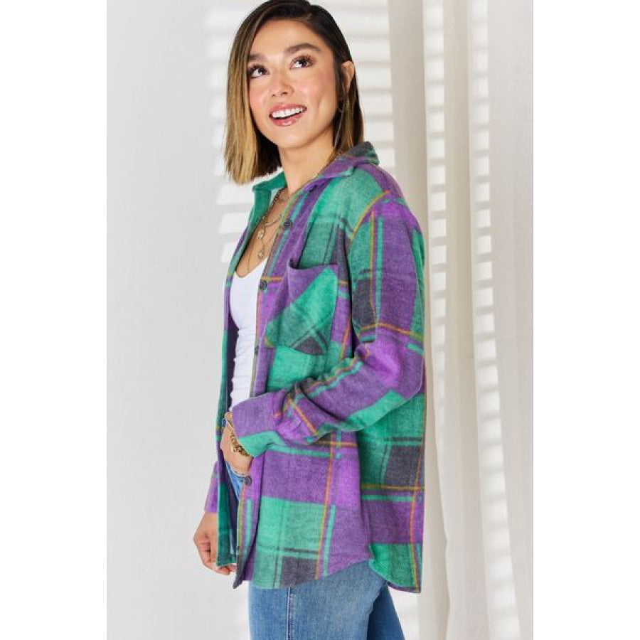 Zenana Plaid Button Up Long Sleeve Shacket Apparel and Accessories