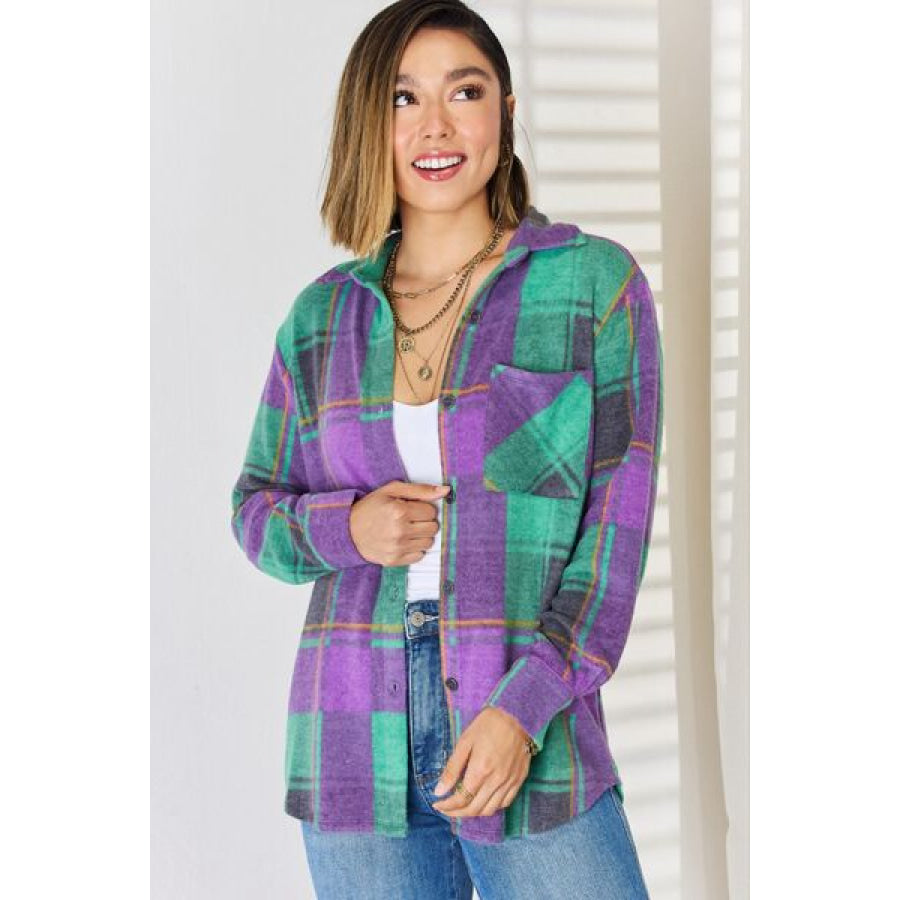 Zenana Plaid Button Up Long Sleeve Shacket Green/Purple / S Apparel and Accessories
