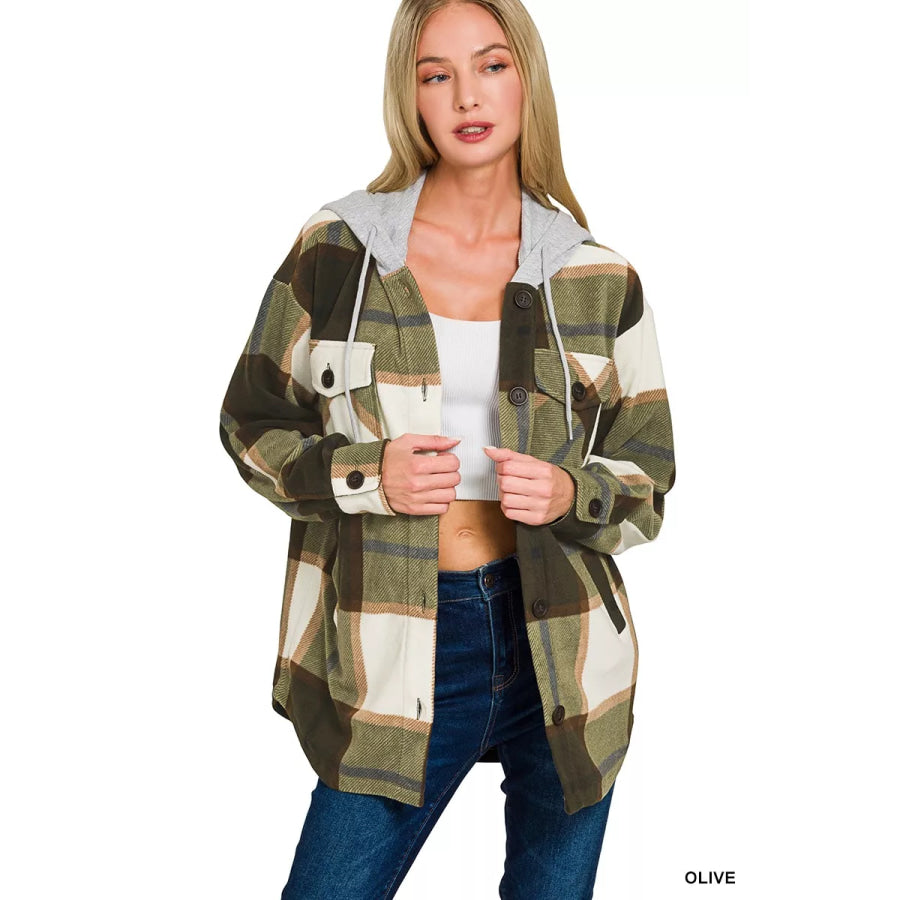 Zenana Plaid Drawstring Hooded Fleece Shacket OLIVE / S Apparel and Accessories