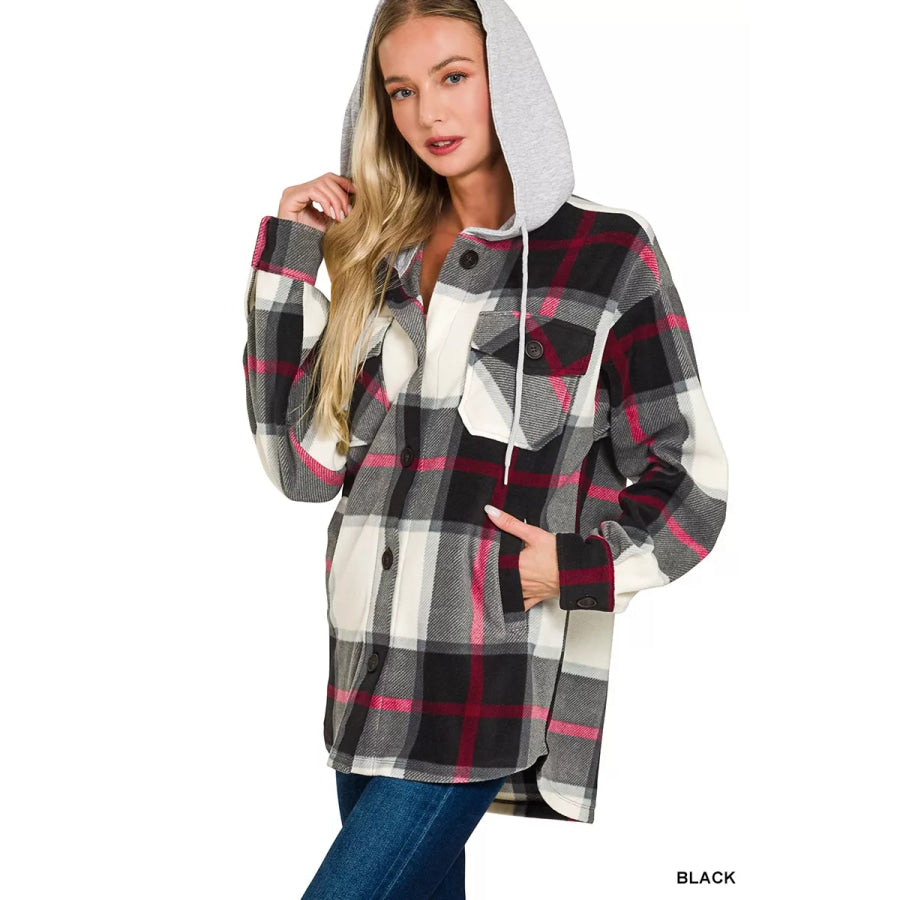 Zenana Plaid Drawstring Hooded Fleece Shacket Apparel and Accessories