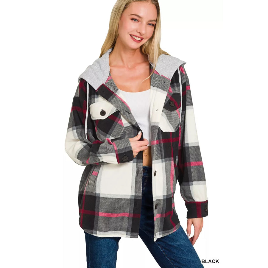 Zenana Plaid Drawstring Hooded Fleece Shacket Apparel and Accessories