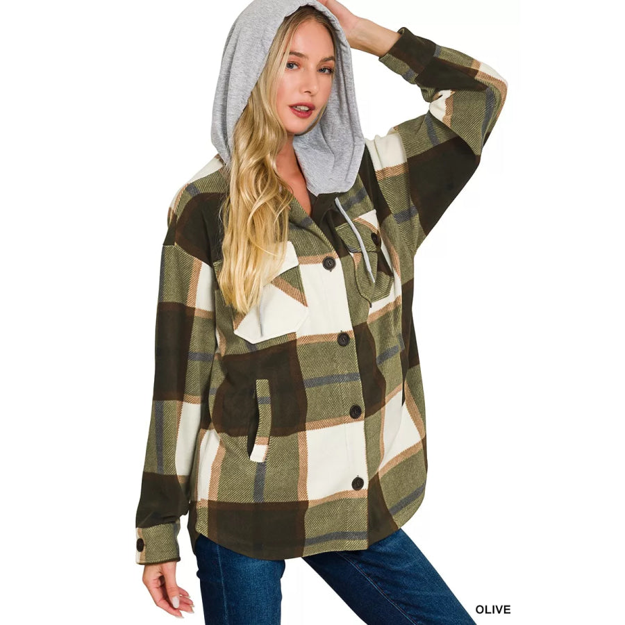 Zenana Plaid Drawstring Hooded Fleece Shacket Apparel and Accessories