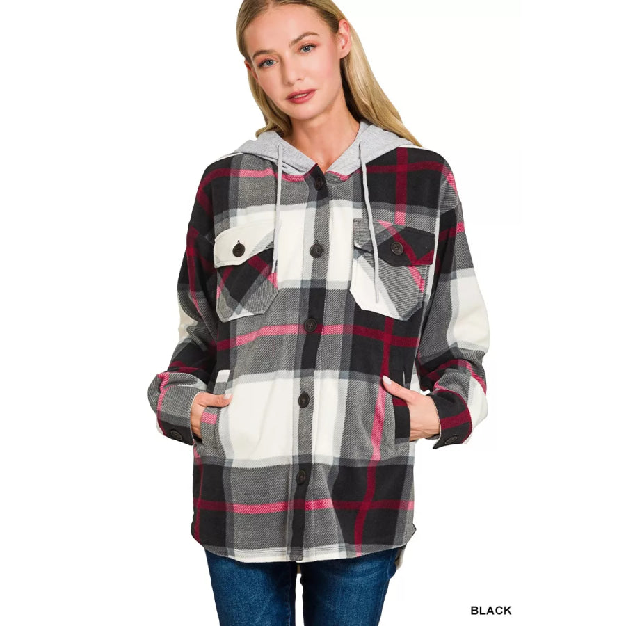 Zenana Plaid Drawstring Hooded Fleece Shacket BLACK / S Apparel and Accessories
