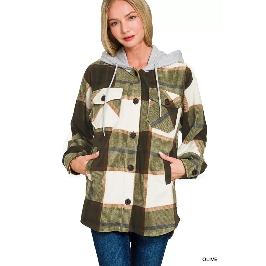 Zenana Plaid Drawstring Hooded Fleece Shacket OLIVE / S Apparel and Accessories