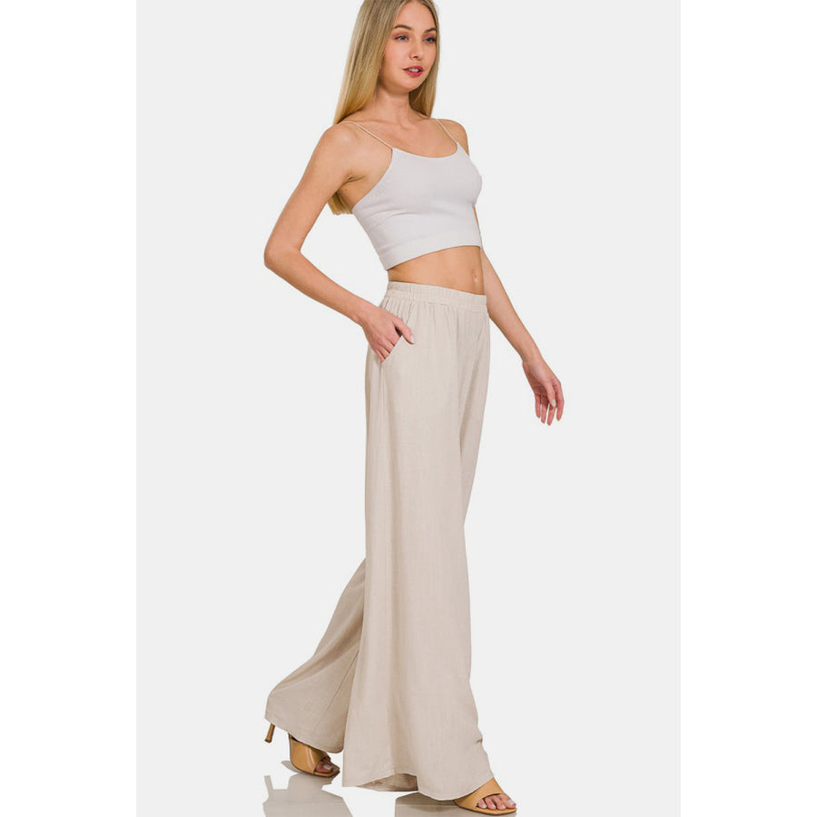 Zenana Pleated Linen Blend Wide Leg Pants Apparel and Accessories