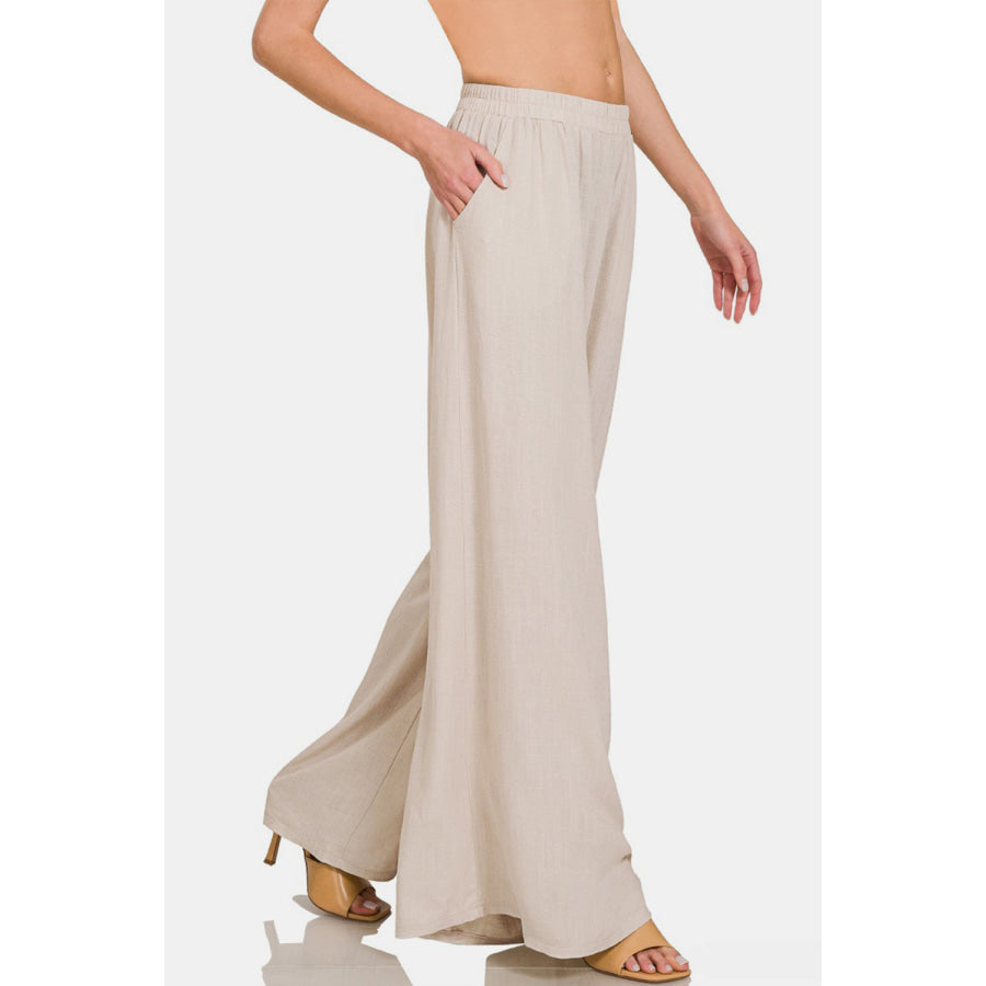 Zenana Pleated Linen Blend Wide Leg Pants Sand Beige / S Apparel and Accessories