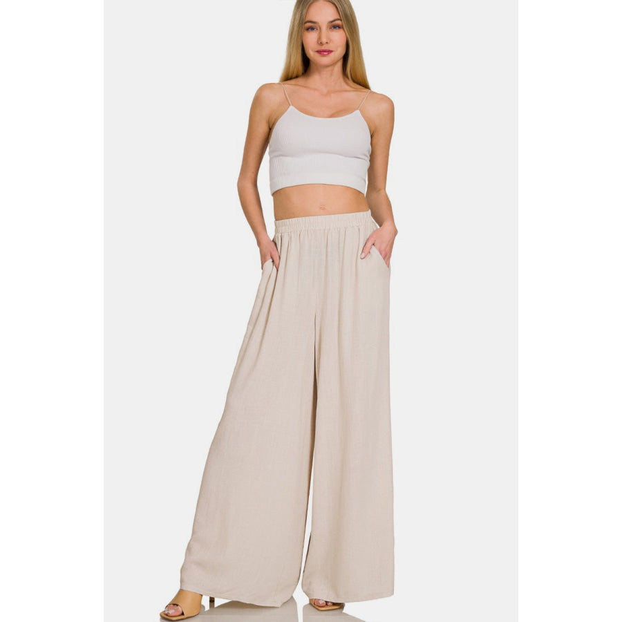 Zenana Pleated Linen Blend Wide Leg Pants Apparel and Accessories