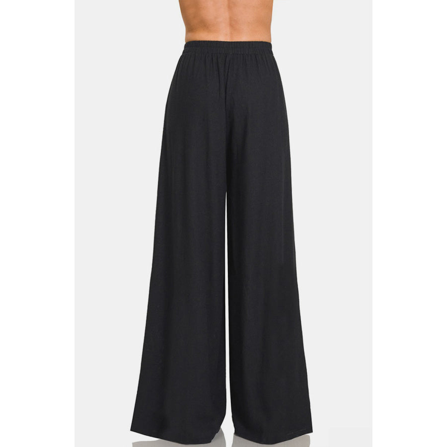 Zenana Pleated Linen Blend Wide Leg Pants Black / S Apparel and Accessories