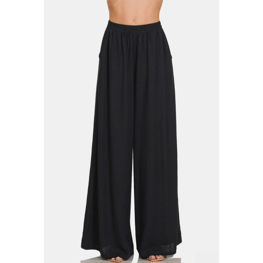 Zenana Pleated Linen Blend Wide Leg Pants Apparel and Accessories