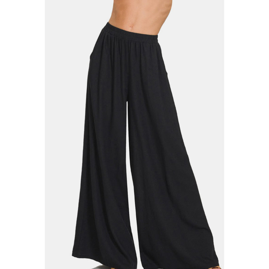 Zenana Pleated Linen Blend Wide Leg Pants Black / S Apparel and Accessories